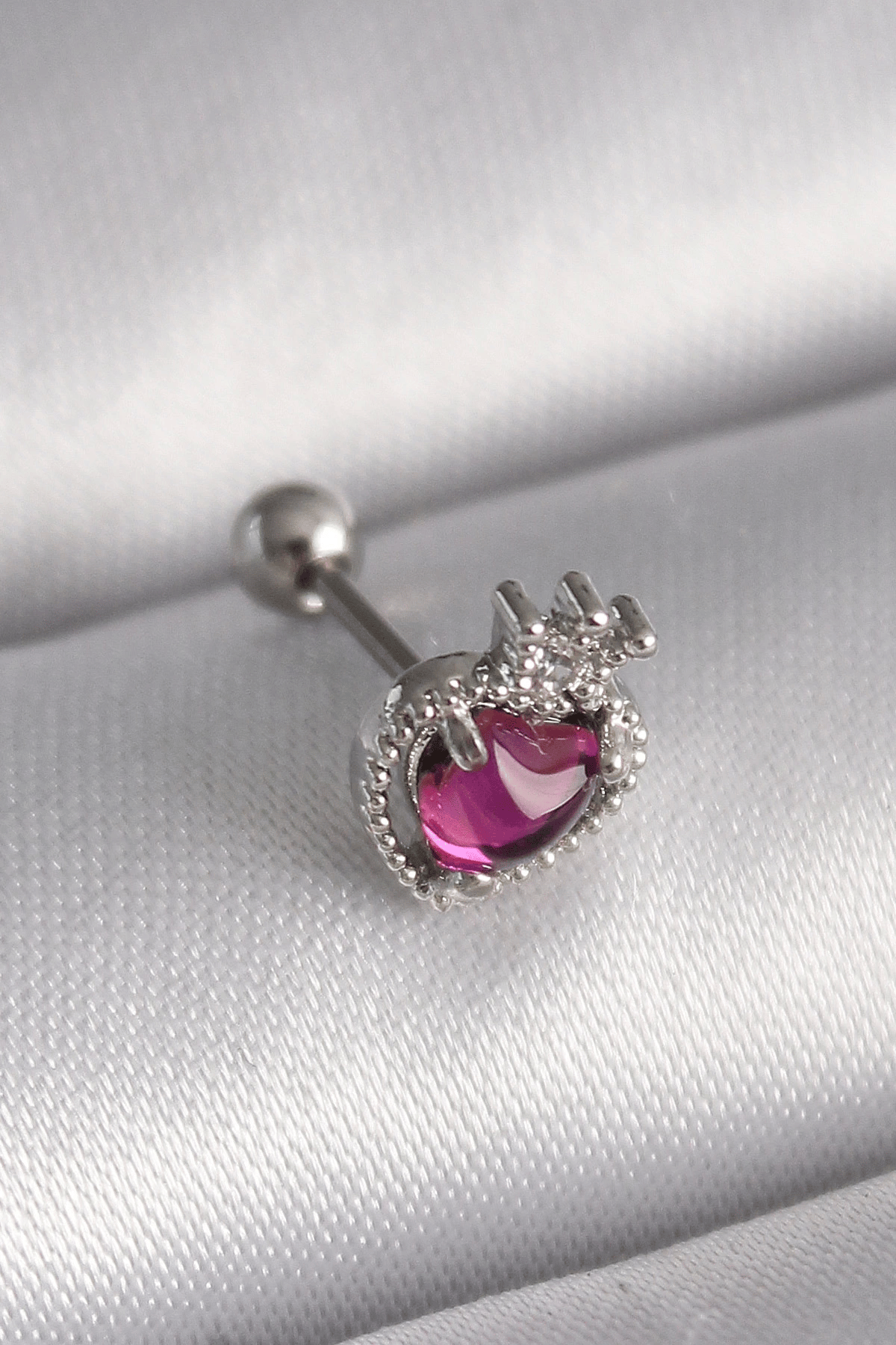 316l Çelik Gümüş Renk Pembe Mineli Kalp Zirkon Taş Detaylı Taç Tragus Piercing
