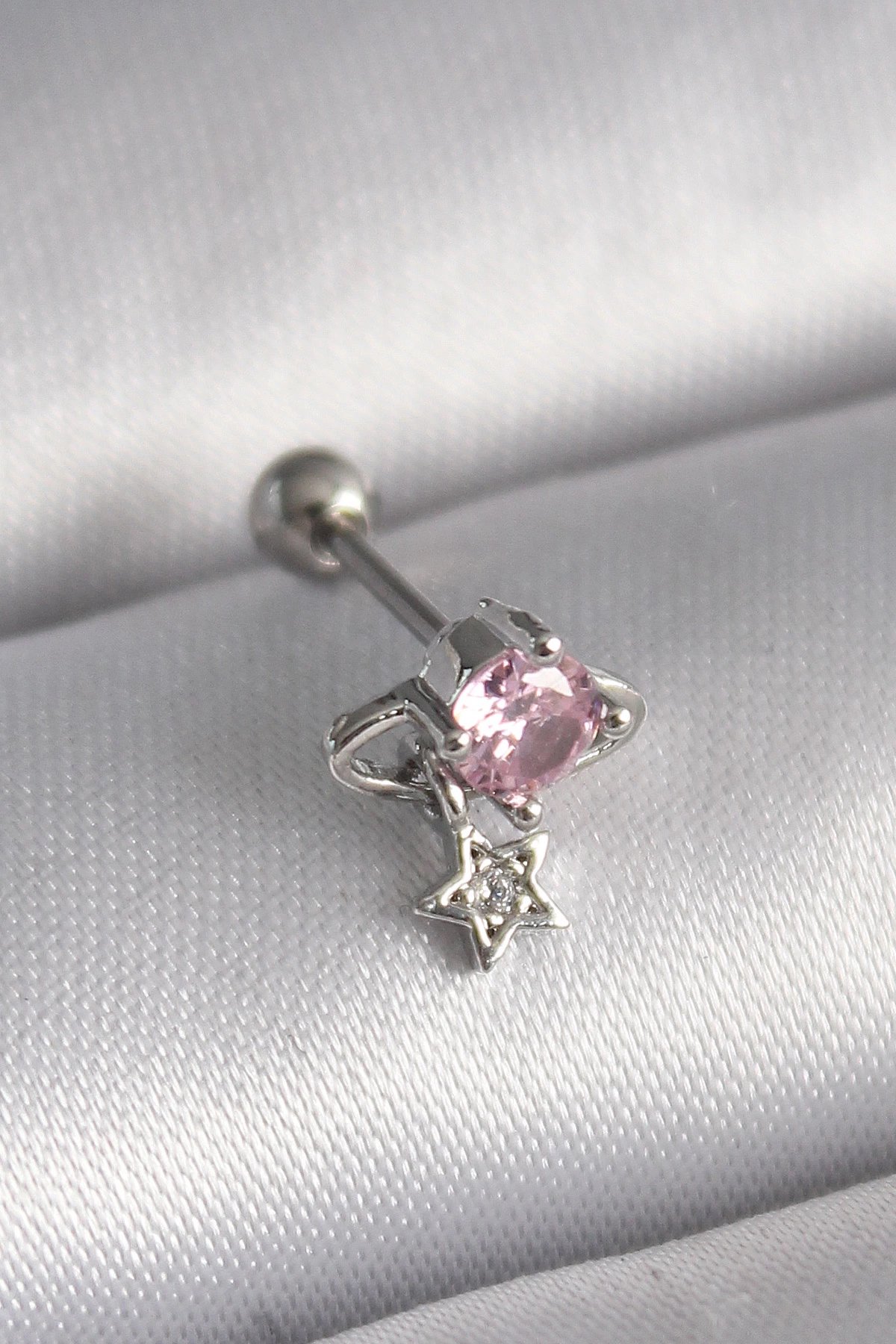 316l Çelik Gümüş Renk Pembe Zirkon Taşlı Sallantı Yıldız Detay Tragus Piercing