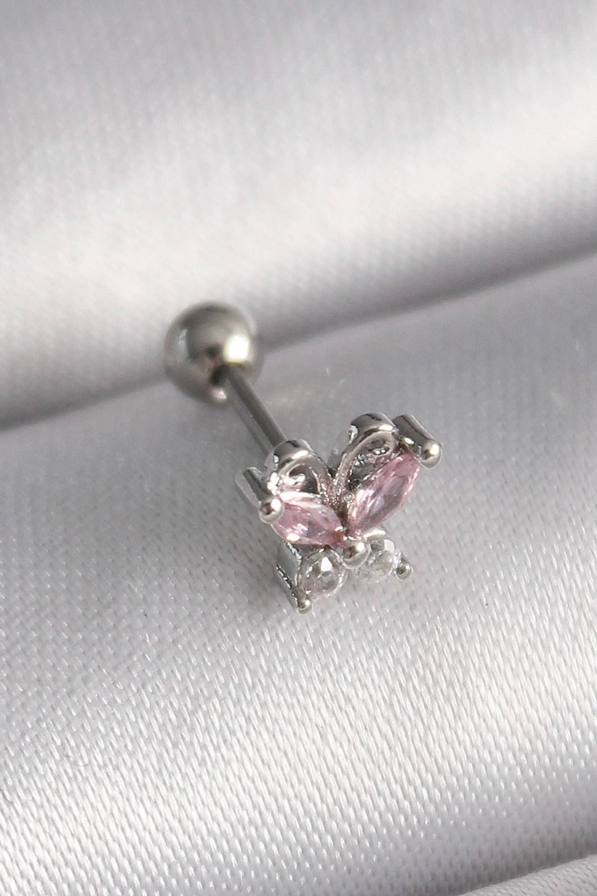 316l Çelik Gümüş Renk Pembe Zirkon Taşlı Kelebek Tragus Piercing
