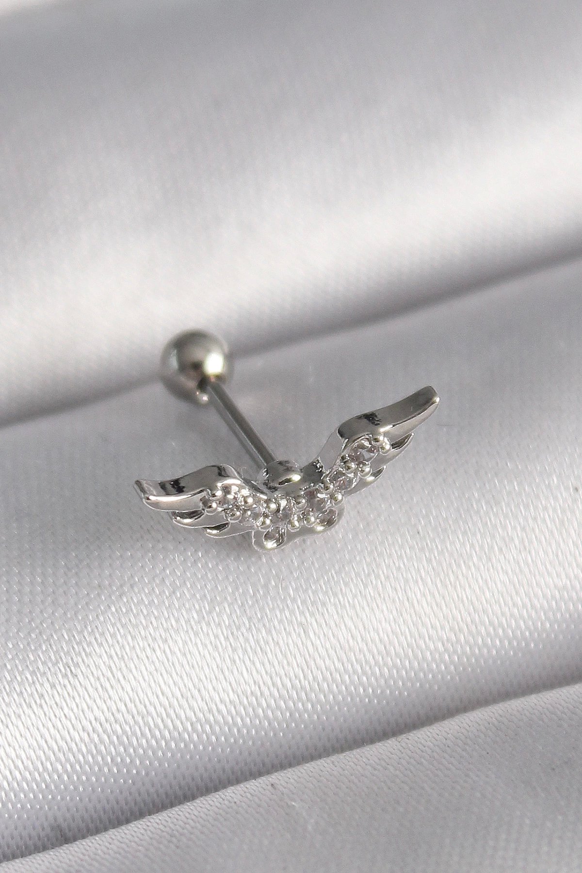 316l Çelik Gümüş Renk Zirkon Taş Detay Kanat Model Tragus Piercing