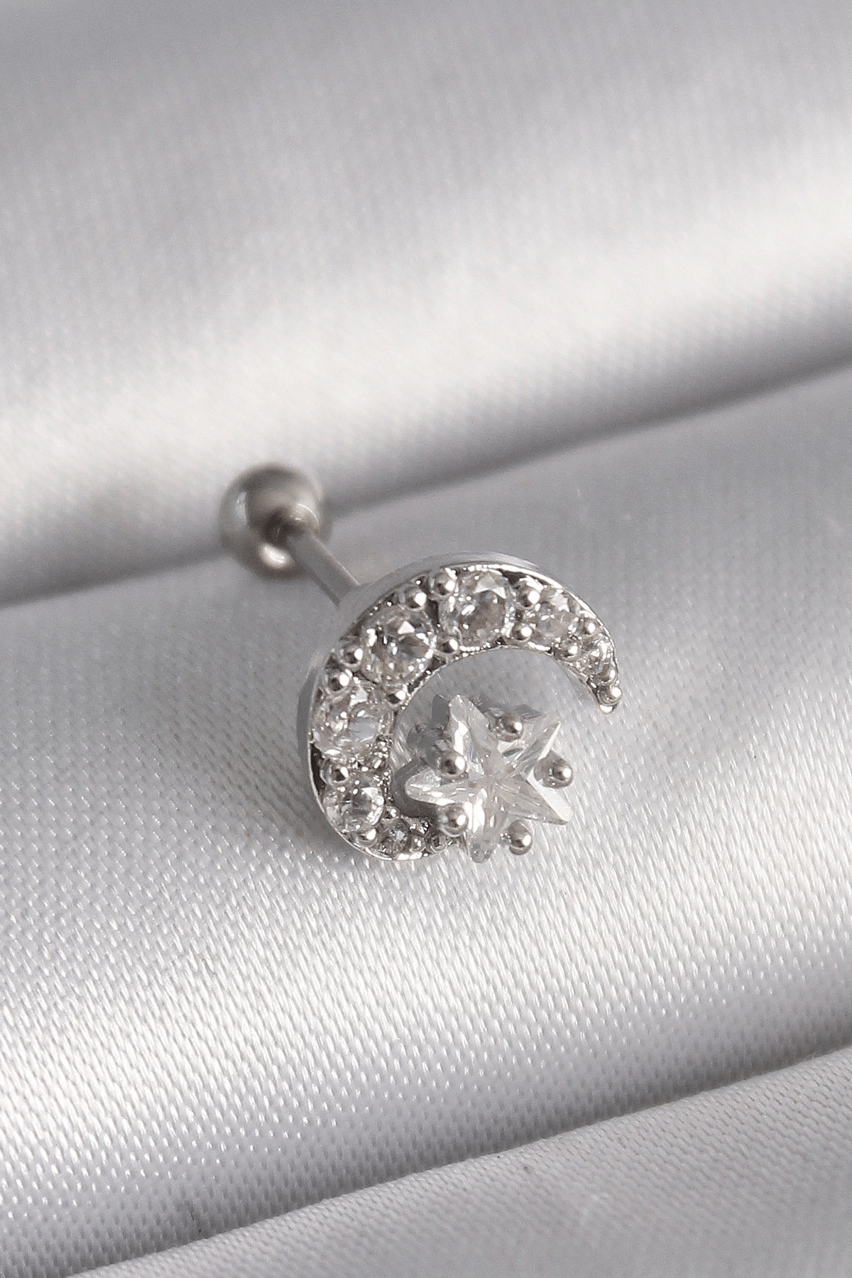 316l Çelik Gümüş Renk Zirkon Taşlı Ay Yıldız Tragus Piercing