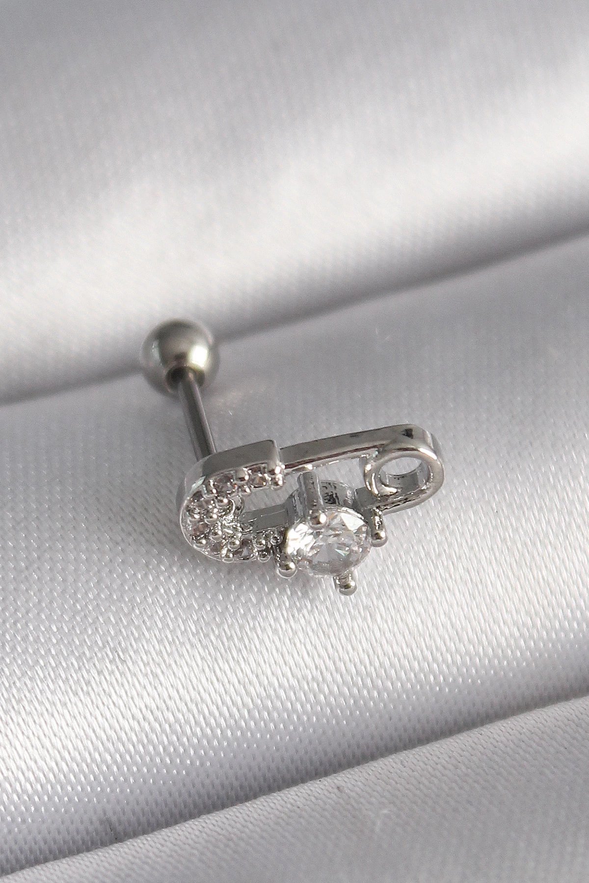 316l Çelik Gümüş Renk Zirkon Taşlı Toplu İğne Tragus Piercing
