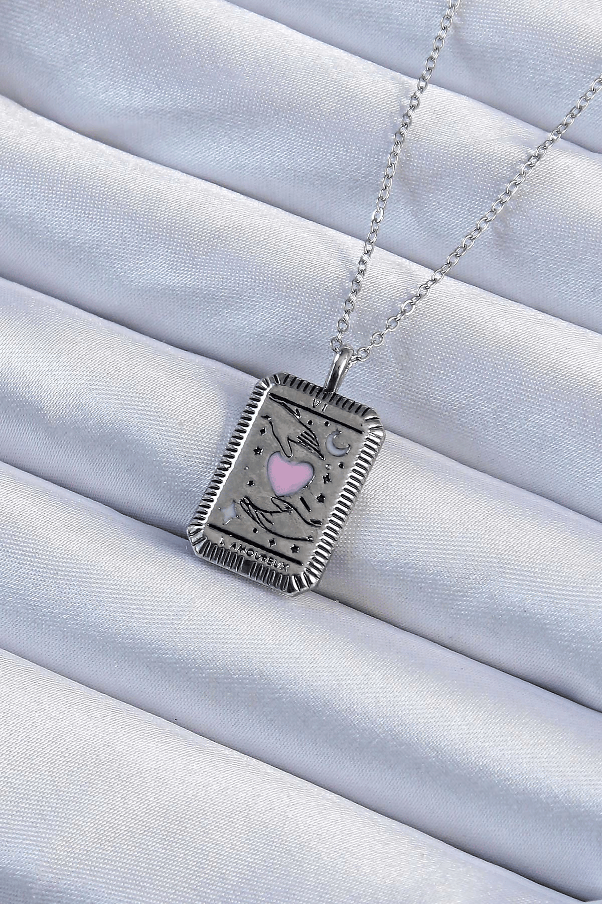 316l Çelik Zincir Eskitme Gümüş Renk Pembe Mineli Kalp Figürlü Tarot Kolye