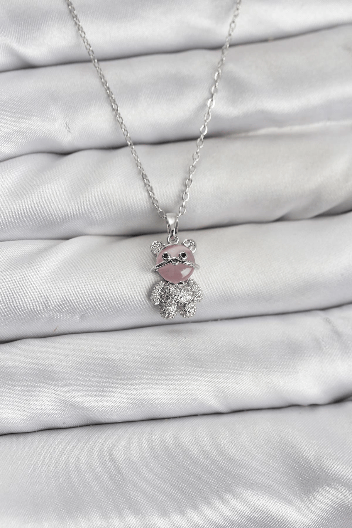 316l Çelik Zincir Gümüş Renk Teddy Bear Model Zirkon Taşlı Kadın Kolye