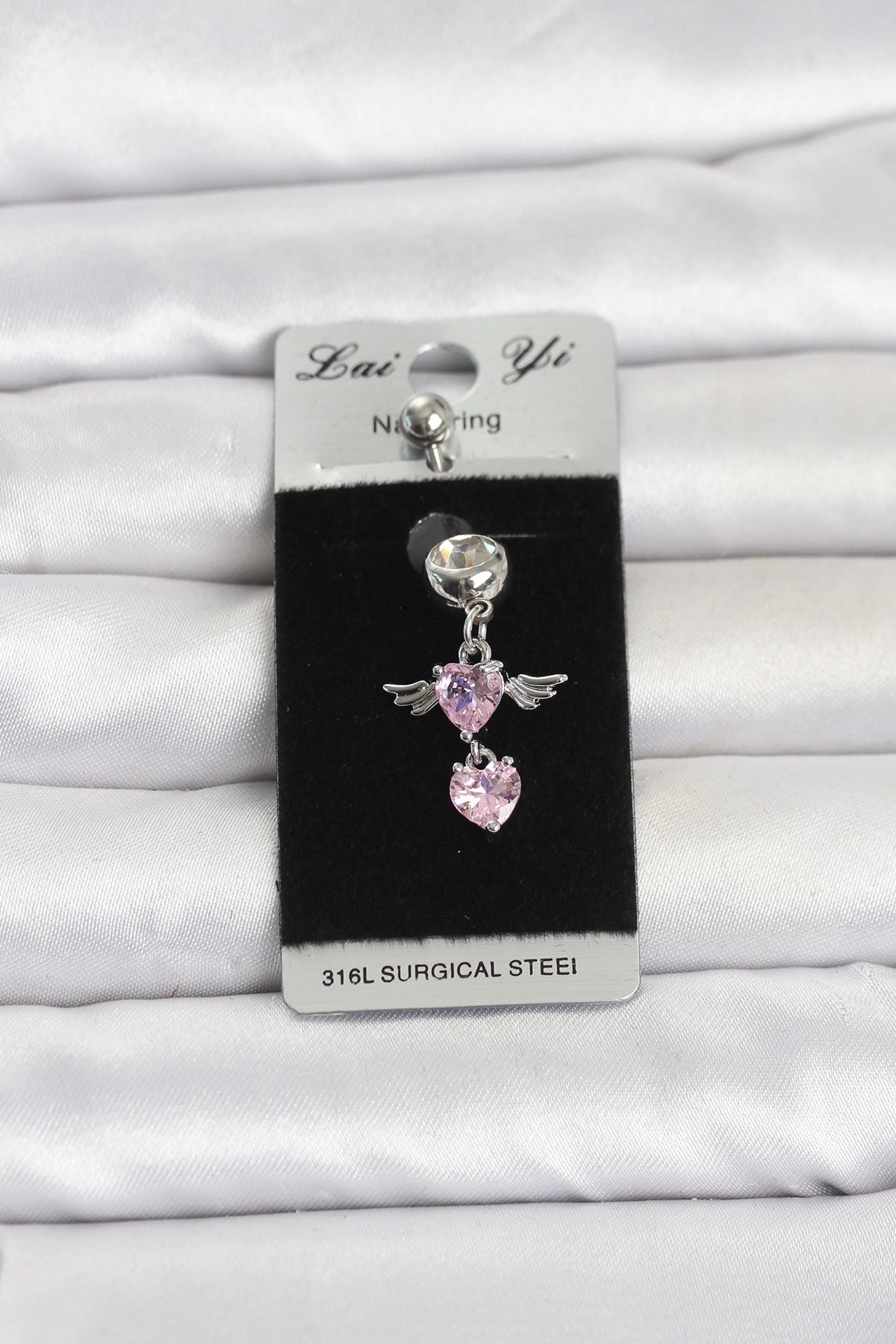 316l Cerrahi Çelik Pembe Zirkon Taşlı Kanat Model Göbek Piercing