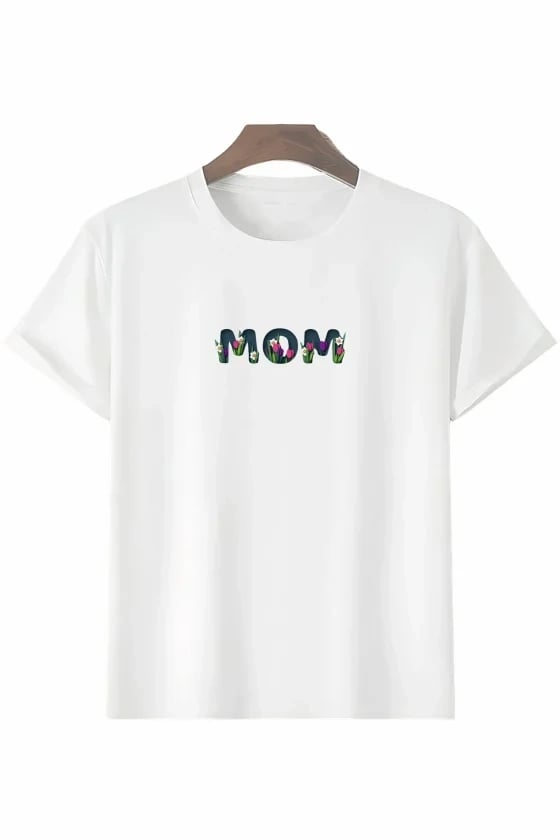 Anneler Günü Hediye Mom Çiçek Baskılı Oversize Bisiklet Yaka T-shirt - Beyaz