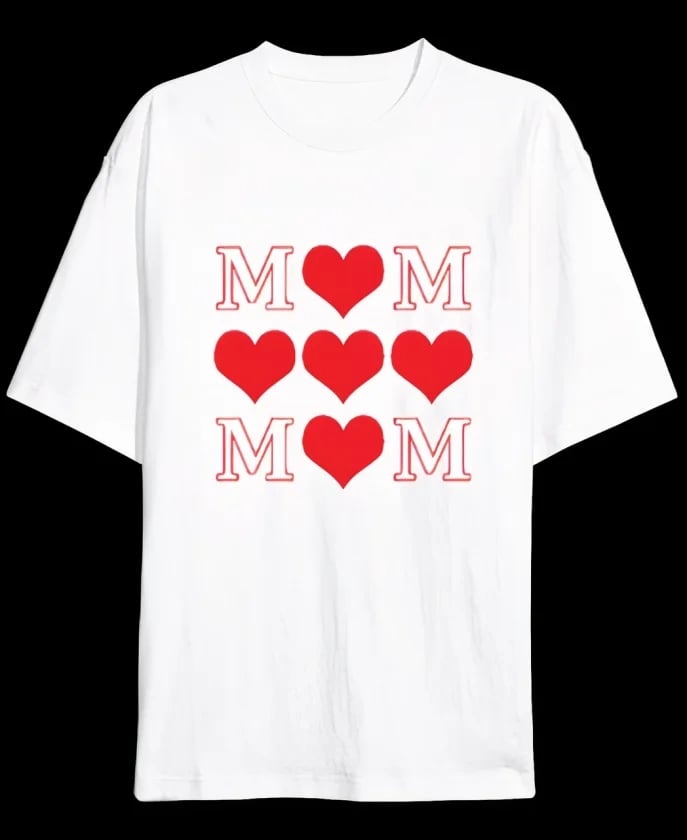 Anneler Günü Hediye Mom Kalp Baskılı Oversize Bisiklet Yaka T-shirt - Beyaz