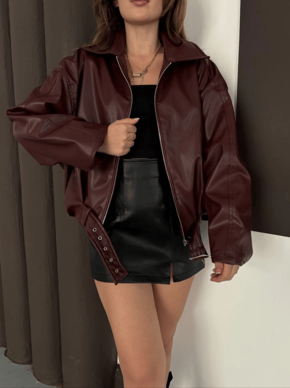 Astarlı Kemerli Pb Deri Ceket Bordo Onst