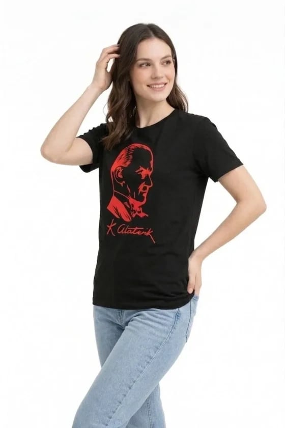 Atatürk Baskılı Tişört Kısa Kollu Bisiklet Yaka  T-shirt - Siyah
