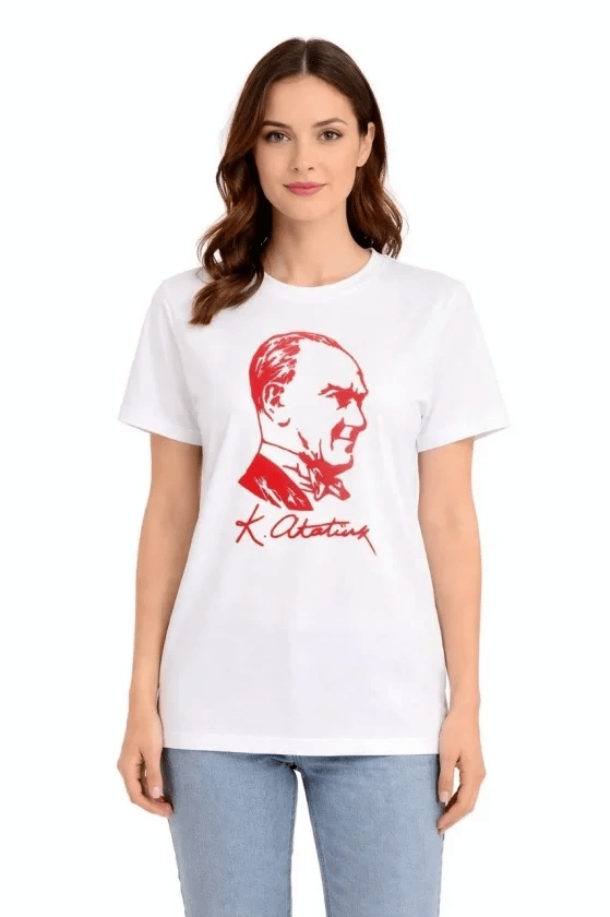 Atatürk Baskılı Tişört Kısa Kollu Bisiklet Yaka T-shirt - Beyaz
