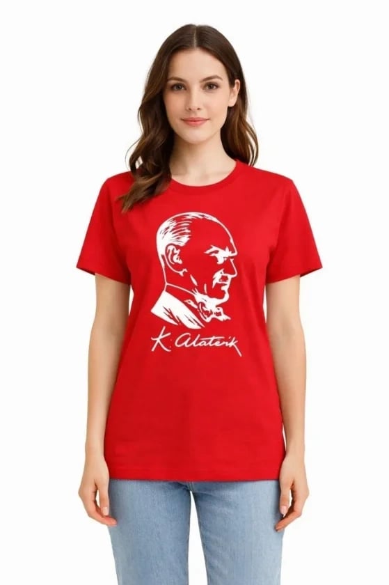 Atatürk Baskılı Tişört Kısa Kollu Bisiklet Yaka  T-shirt - Kırmızı