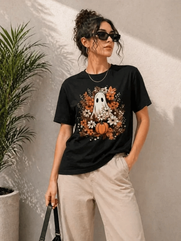 Balkabağı Hayalet Baskılı Tişört Kısa Kol Yazlık T-shirt - Siyah