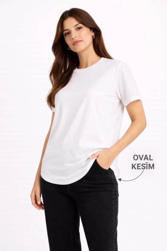 Basic T-shirt Kısa Kol Bisiklet Yaka Oval Kesim Tişört - Beyaz