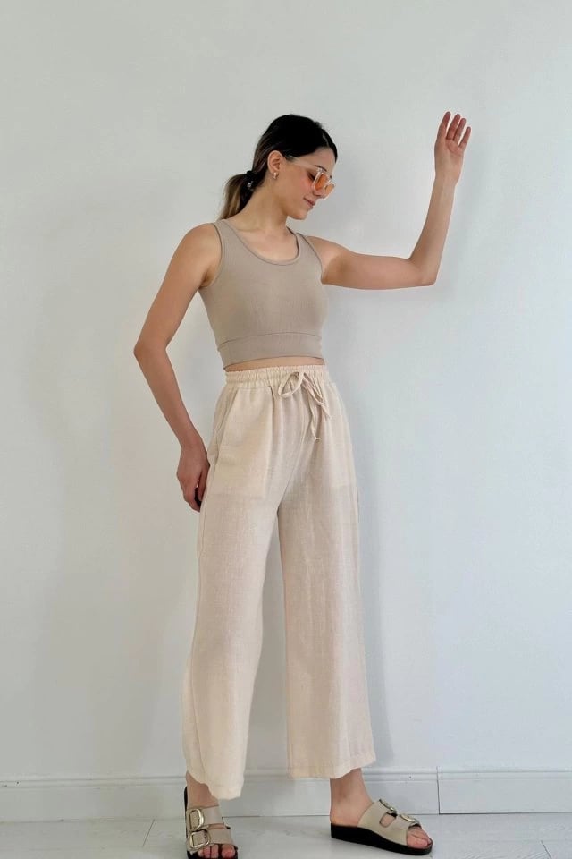 Bej Keten Pantolon