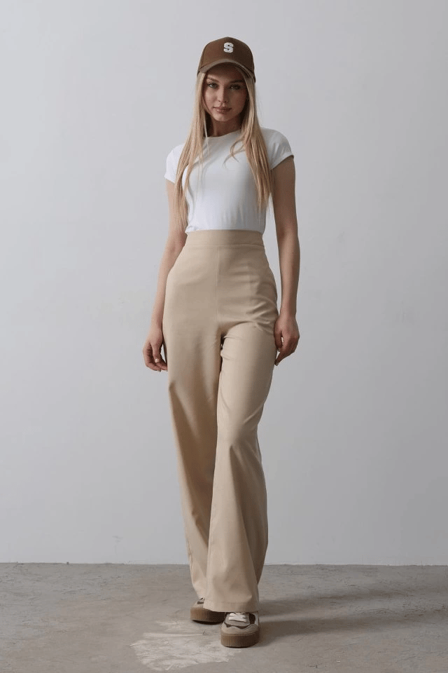 Beli Yarım Lastikli Palazzo Pantolon - Camel