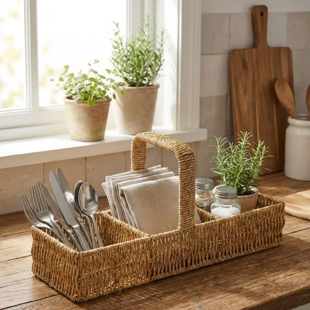 Çarşı Point® 3 Bölmeli Plastik Rattan Düzenleyici–Saplı Masaüstü Organizer, Mutfak Kaşık Çatal Sepeti, Banyo & Ofis Çok Amaçlı Sunum Standı