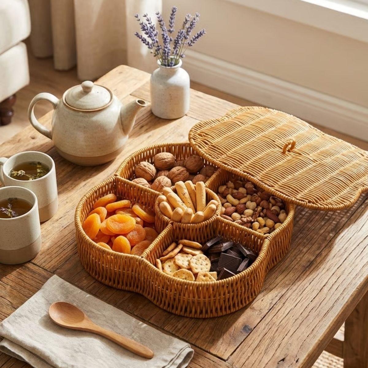 Çarşı Point® Kapaklı 5 Bölmeli Plastik Rattan Organizer Kutu – Hasır Desenli Çok Amaçlı Saklama ve Sunum Sepeti Çerezlik