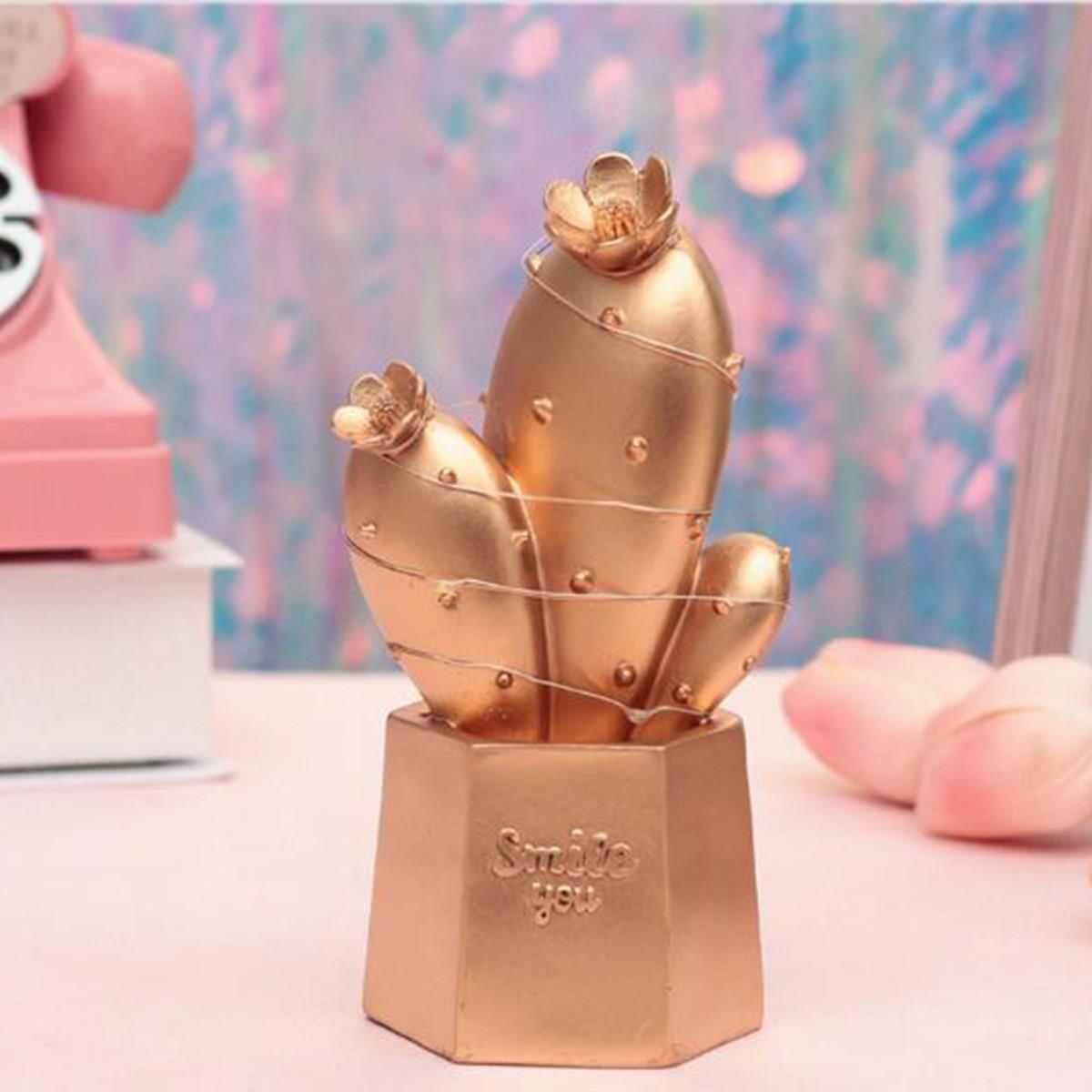 Çarşı Point® Led Işıklı Sevimli Kaktüs Dekoratif Masa Lambası Mini Biblo Gece Lambası Gold