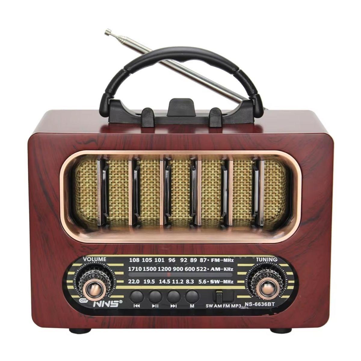 Çarşı Point® Orta Boy Retro Ahşap Tasarım Bluetooth Hoparlörlü Radyo – FM/AM Destekli, Şarjlı ve Taşınabiliri Radyo NS-6636