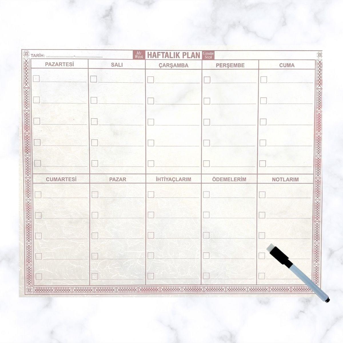 Çarşı Point® Şeffaf Kendiliğinden Yapışkanlı Kalemli Haftalık Planlayıcı 40cm-50cm
