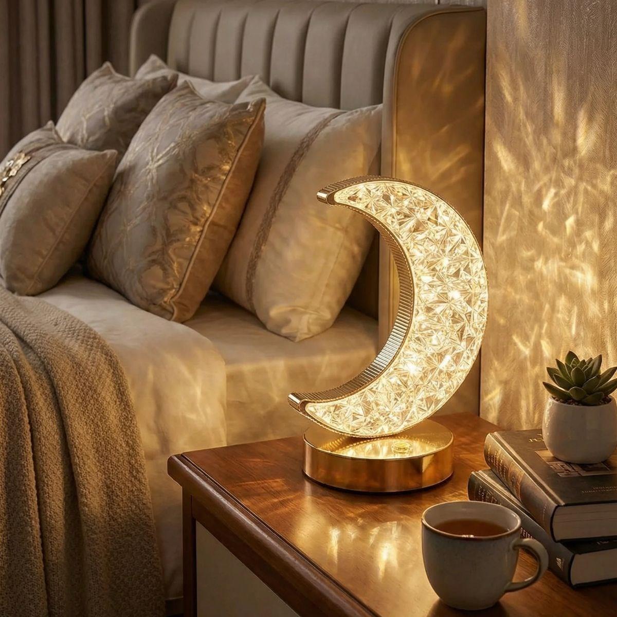 Çarşı PointHilal AY Model Kristal LED Masa Lambası – Dokunmatik, 3 Renk Işık Modlu, Şarjlı Mini Dekoratif Gece Lambası