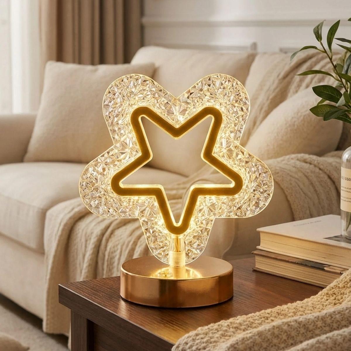 Çarşı Pointİçi Boş Yıldız Şeklinde Kristal LED Masa Lambası – Dokunmatik, 3 Renk Işık Modlu, Şarjlı Mini Dekoratif Gece Lambası