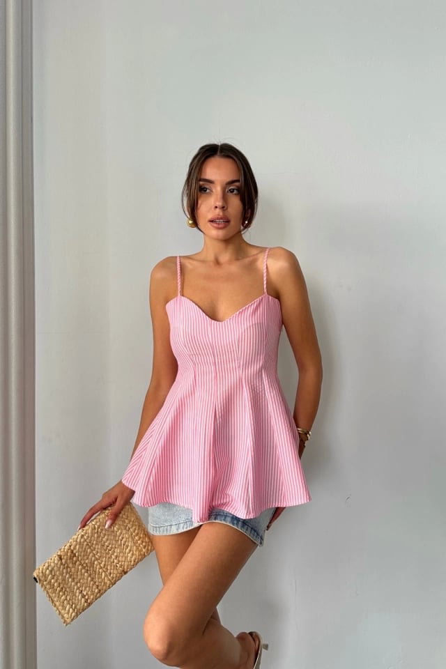 Çizgili Gofre Askılı Pens Detaylı Bluz - Pembe
