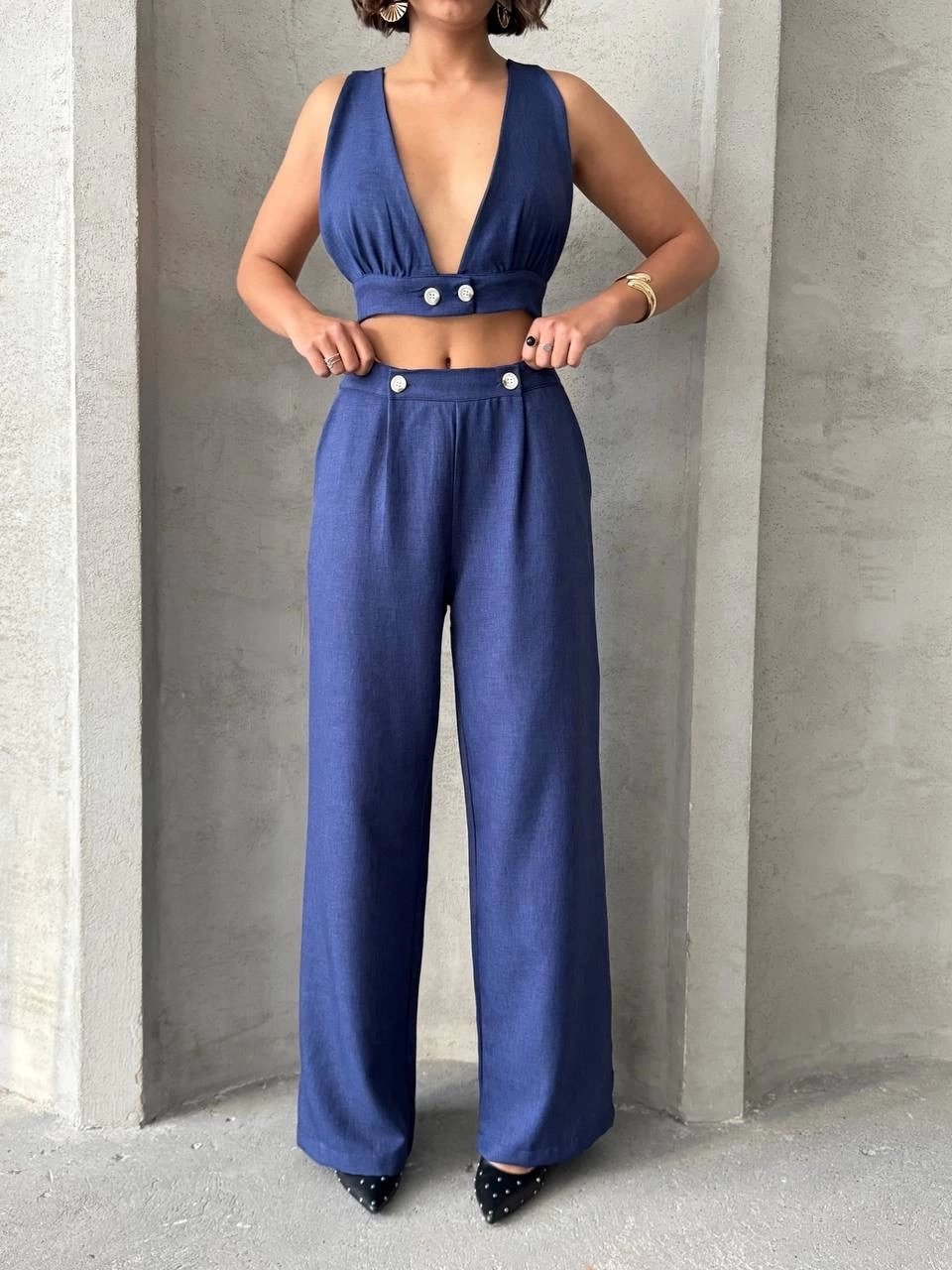 Crop Pantolon Keten Takım S255012