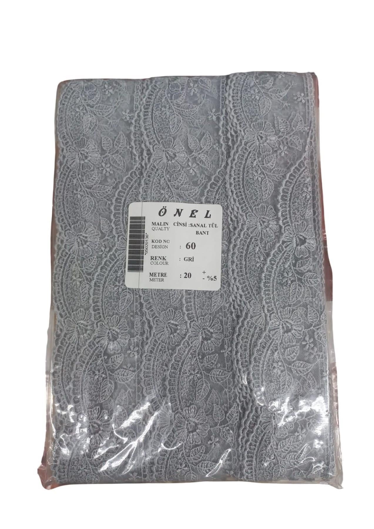Dantel Polyester Sanal Tül Bant Gri 20 Metre En 6 Cm On-60-g