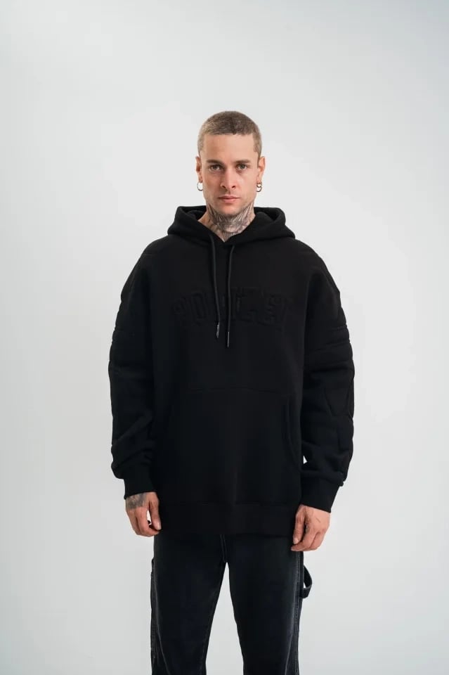 Double Oversize Kapşonlu Nakışlı Sweatshirt - Siyah