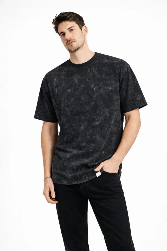 Erkek Asit Yıkama Bisiklet Yaka Kısa Kollu Oversize T-shirt Tişört - Siyah