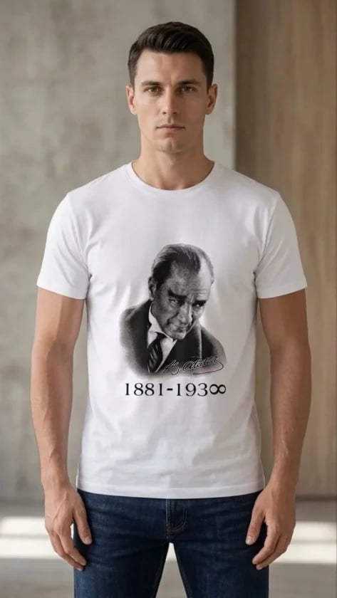Erkek Atatürk Baskılı Tişört Kısa Kollu Bisiklet Yaka  T-shirt - Beyaz