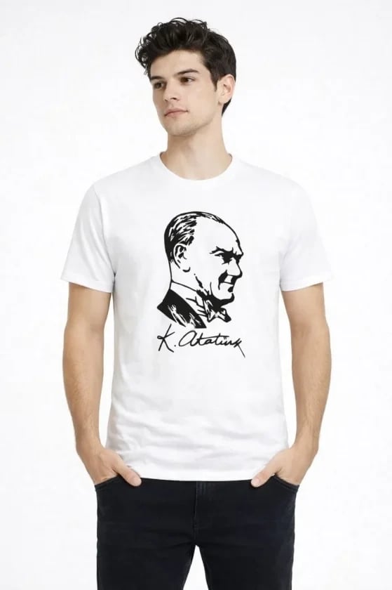 Erkek Atatürk Baskılı Tişört Kısa Kollu Bisiklet Yaka T-shirt - Beyaz