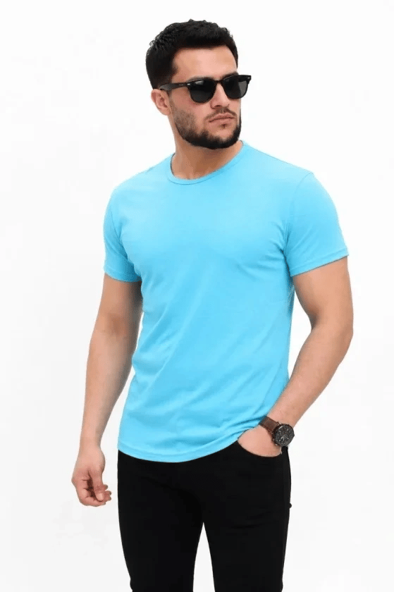 Erkek Basic Tişört Bisiklet Yaka Kısa Kol Günlük Yazlık Slim Fit T-shirt - Açık Mavi