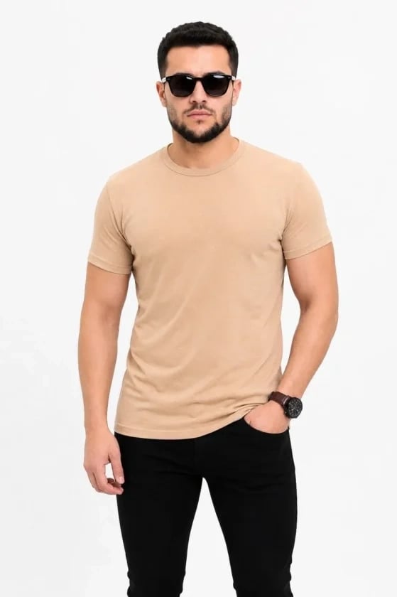 Erkek Basic Tişört Bisiklet Yaka Kısa Kol Günlük Yazlık Slim Fit T-shirt - Bej