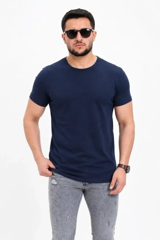 Erkek Basic Tişört Bisiklet Yaka Kısa Kol Günlük Yazlık Slim Fit T-shirt - Lacivert