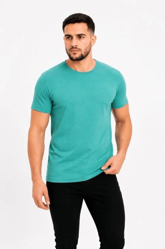 Erkek Basic Tişört Bisiklet Yaka Kısa Kol Günlük Yazlık Slim Fit T-shirt - Su Yeşili