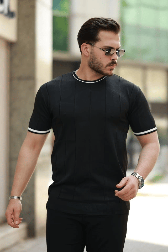 Erkek Bisiklet Yaka Çizgi Desenli Ribanalı Kısa Kollu Tshirt