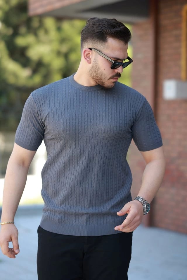 Erkek Bisiklet Yaka Örgü Desenli Kısa Örme Triko Kısa Kollu T-shirt
