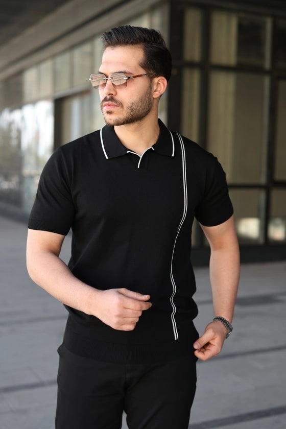 Erkek Çizgi Detaylı Yakalı Triko Tişört