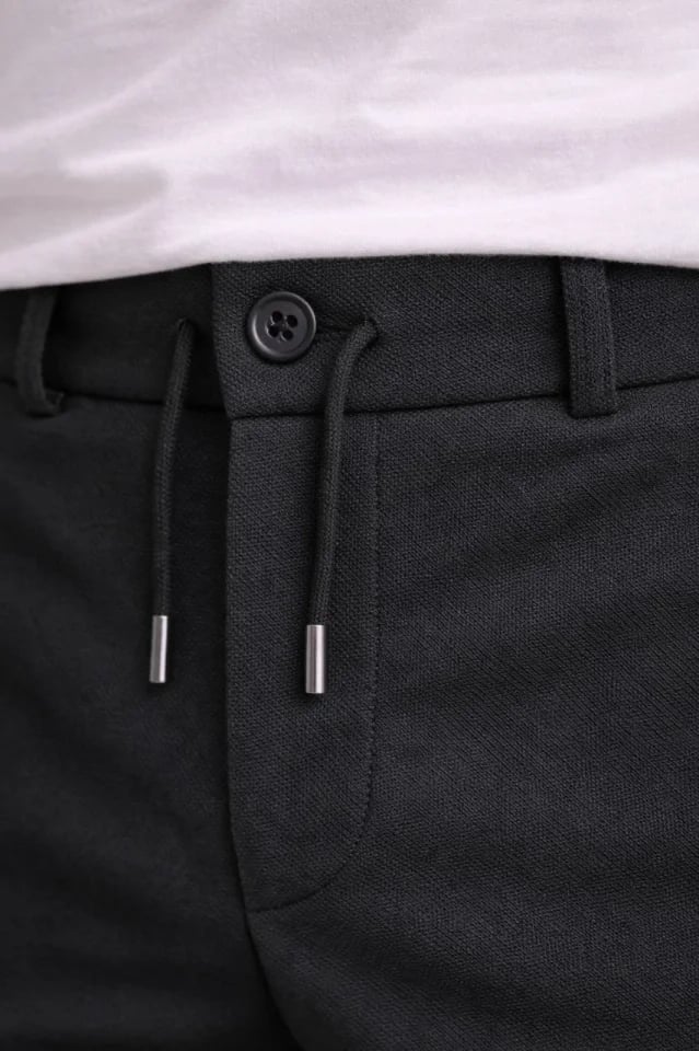 Erkek Diagonel Mikro Dokulu Duble Paça Cepli Pantolon Bağcıklı Bel, Modern Kesim - Siyah