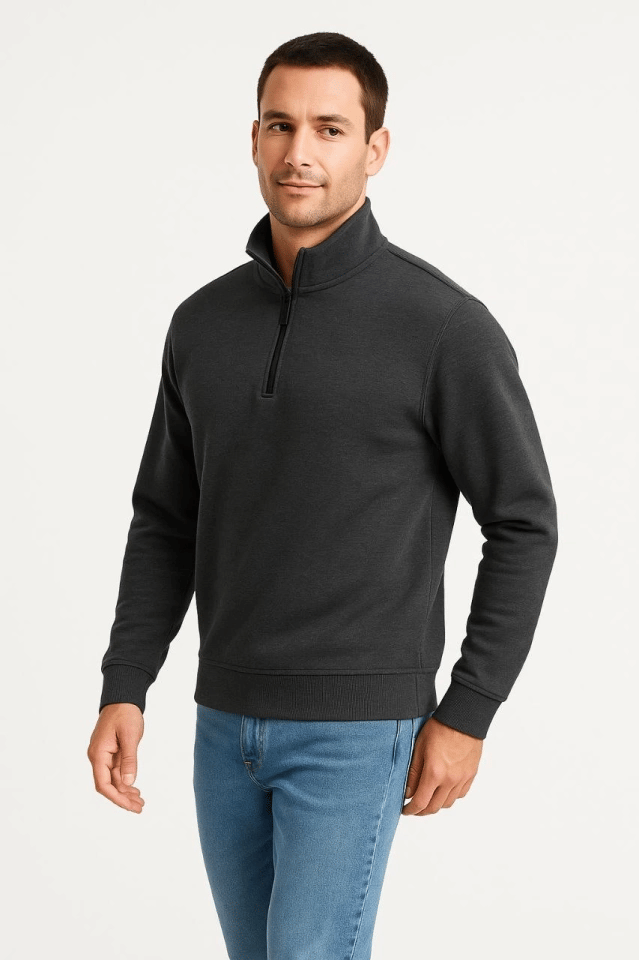 Erkek Dik Yaka Sweatshirt Dik Yaka Yarım Fermuarlı 3 İplik Şardonlu Pamuk Kumaş - Antrasit
