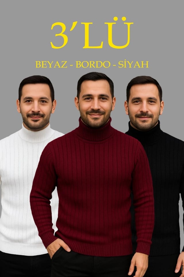 Erkek Fitilli Triko Kazak 3lü Set Beyaz Bordo Siyah Regular Balıkcı Yaka Tam Boğazlı Triko Seti Modeli Kazak