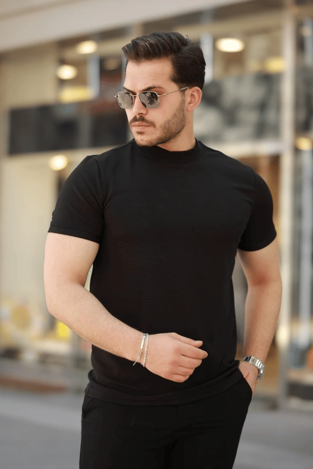 Erkek Ince Çizgi Dokulu Kısa Kollu T-shirt