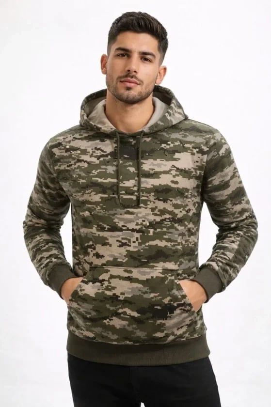 Erkek Kamuflaj Desenli 2 İplik 4 Mevsim Kapüşonlu Kanguru Cepli Hoodie Sweatshirt - Kamuflaj