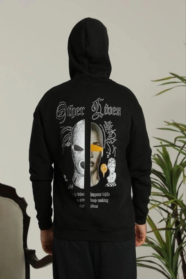 Erkek Kapşonlu Sweatshirt – Oversize Üç İplik Şardonlu Hoodie, “other Lives” Ön - Arka Baskılı, Kanguru Cepli, Kışlık Rahat Günlük Stil - Siyah