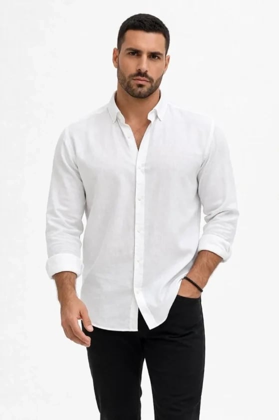 Erkek Keten Kumaş Oversize Uzun Kollu Rahat Kalıp Gömlek - Beyaz