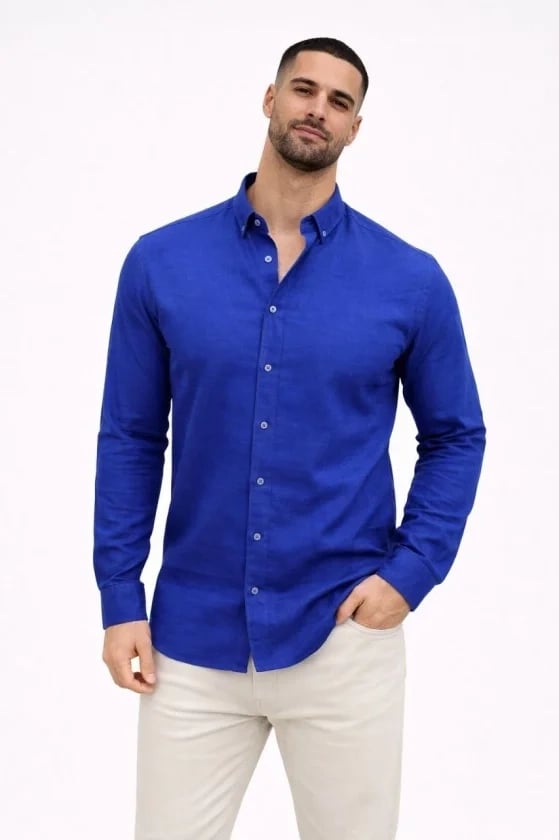 Erkek Keten Kumaş Oversize Uzun Kollu Rahat Kalıp Gömlek - Saks Mavisi