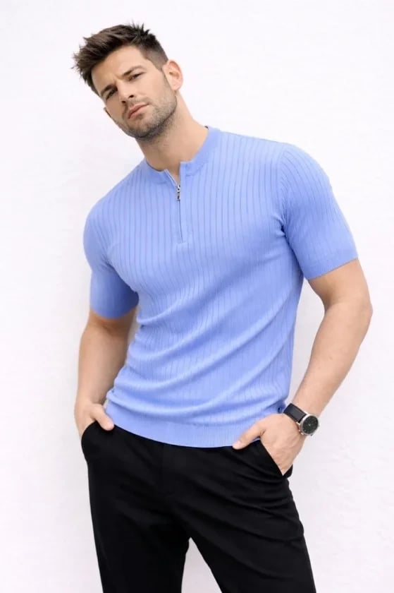 Erkek Kısa Kol Fitilli Triko T-shirt Yazlık Hakim Yaka Tişört - Bebek Mavisi