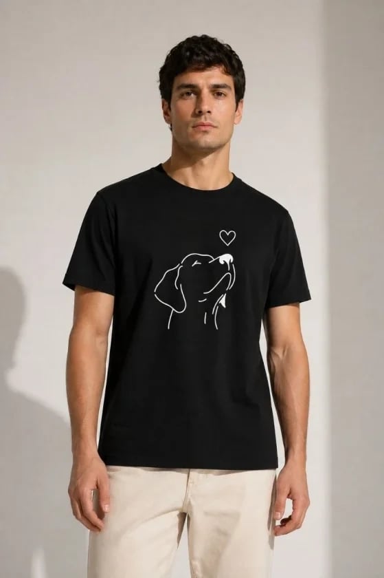 Erkek Köpek Figürlü Minimal Baskılı Tişört Kısa Kol Yazlık T-shirt - Siyah